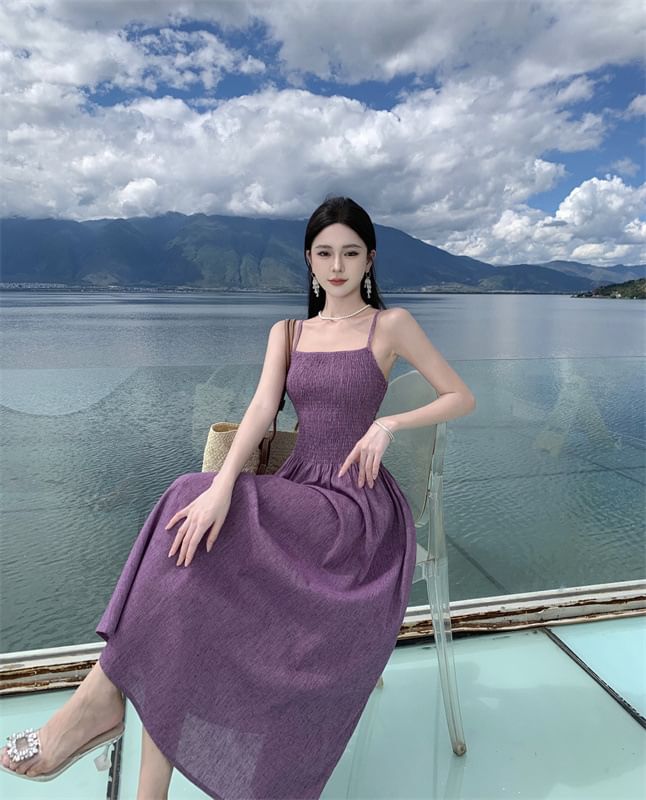 Plain Dress A-Line Spaghetti Strap Midi