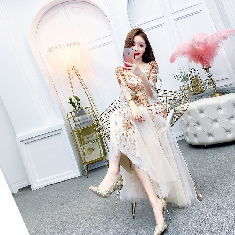 V-Neck Elbow-Sleeve Gown Printed Evening Mermaid