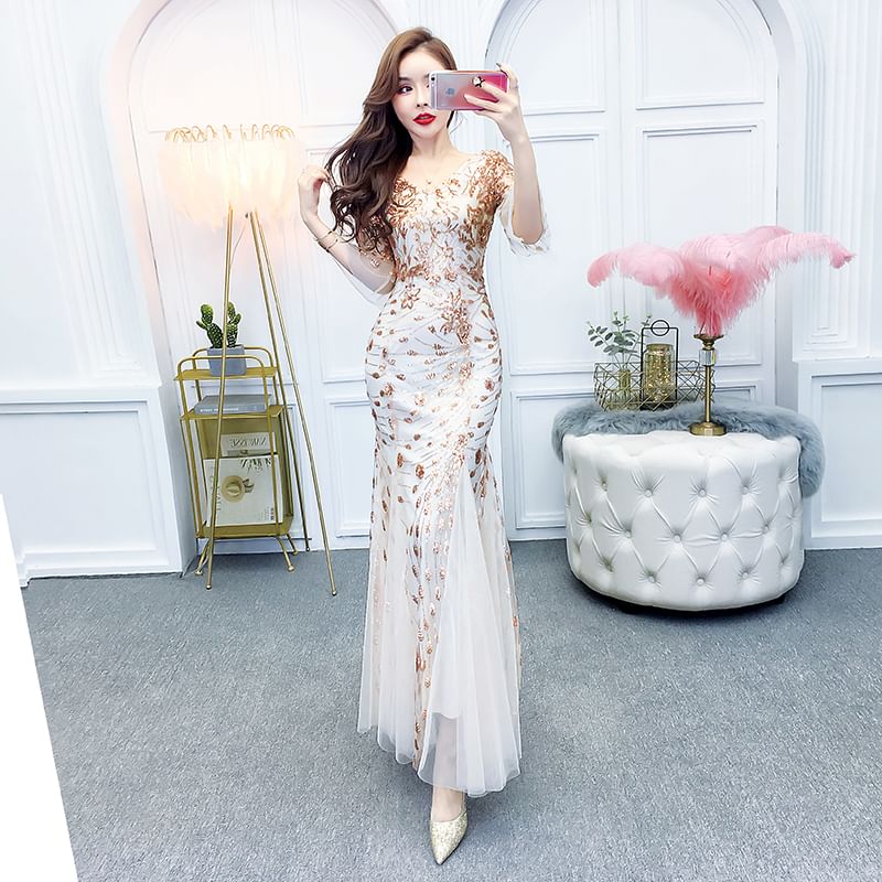 V-Neck Elbow-Sleeve Gown Printed Evening Mermaid