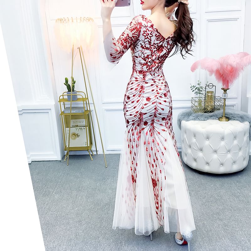 V-Neck Elbow-Sleeve Gown Printed Evening Mermaid