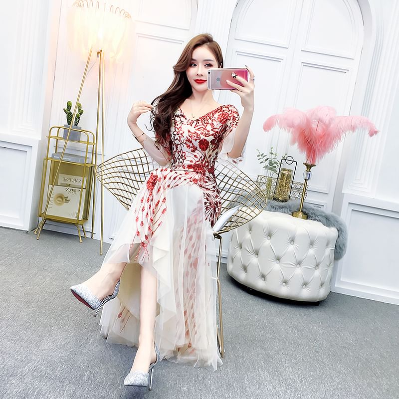 V-Neck Elbow-Sleeve Gown Printed Evening Mermaid