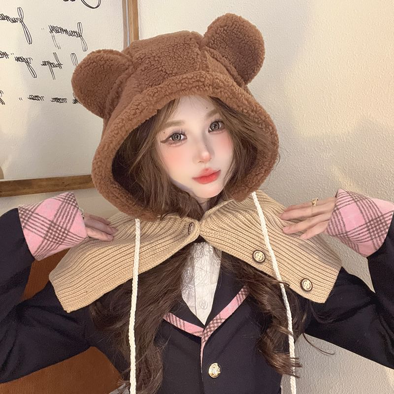 Shearling Ear Bear Faux Balaclava