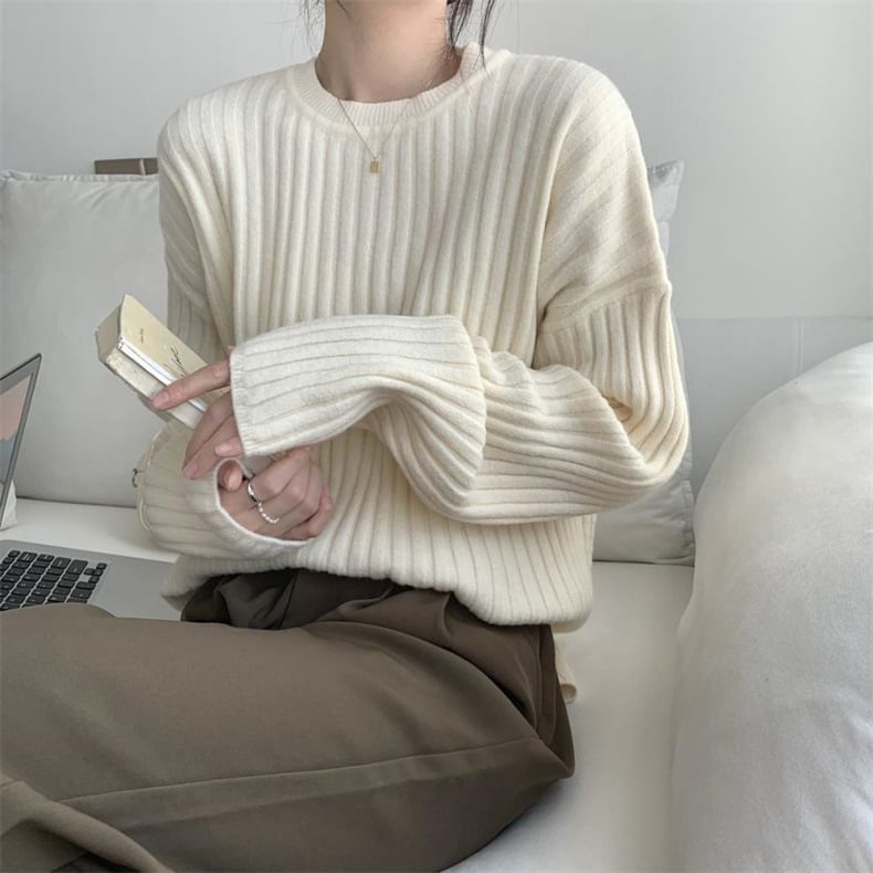 Crew Sweater Ribbed Plain Neck