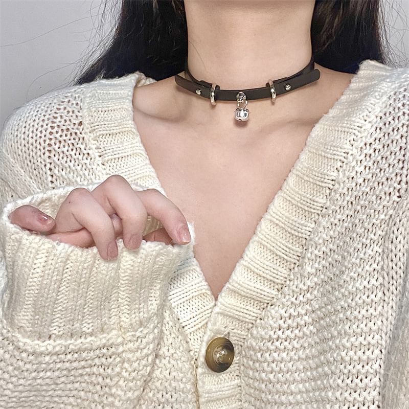 Faux Choker Leather Pendant Bell