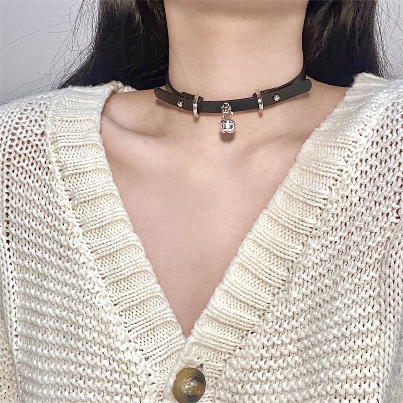 Faux Choker Leather Pendant Bell