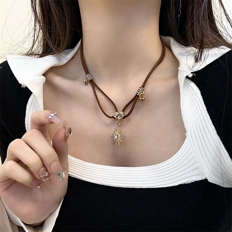 Sun Necklace Leather Pendant Faux Rhinestone