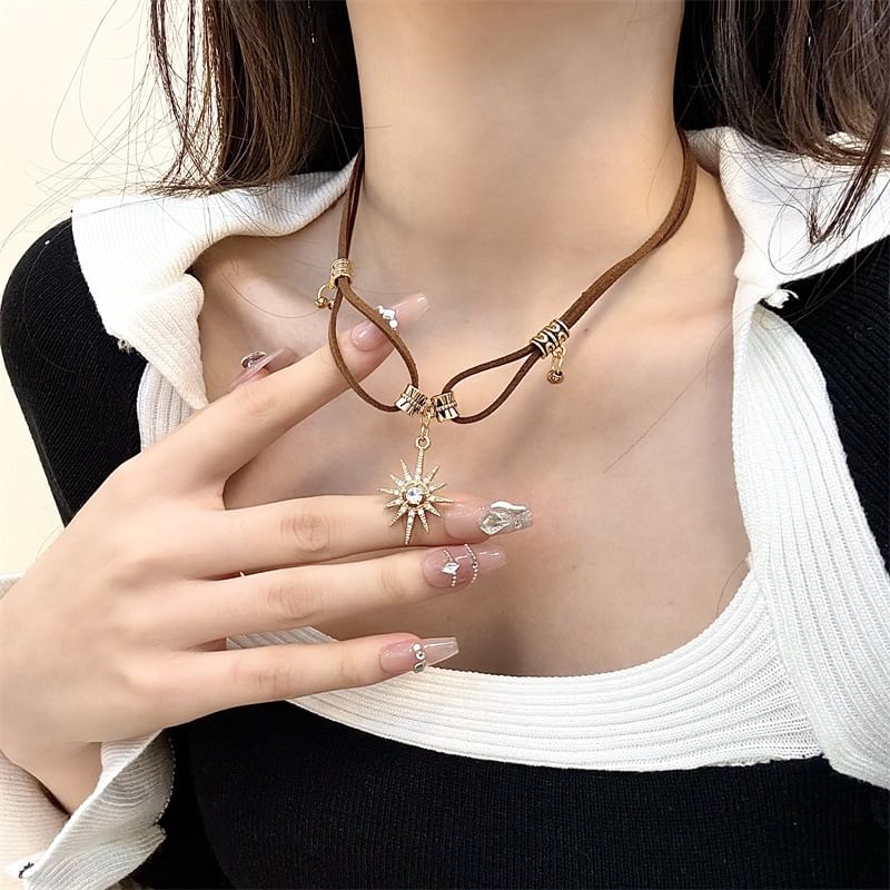 Sun Necklace Leather Pendant Faux Rhinestone