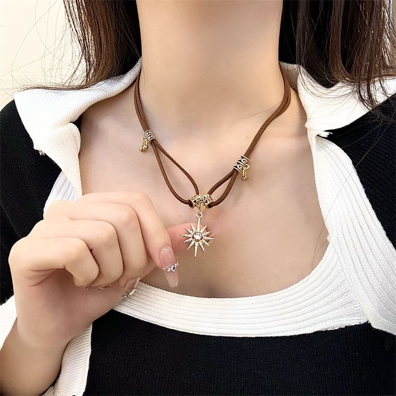 Sun Necklace Leather Pendant Faux Rhinestone