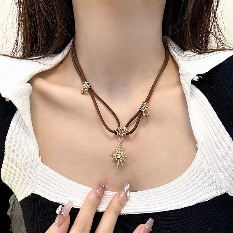 Sun Necklace Leather Pendant Faux Rhinestone