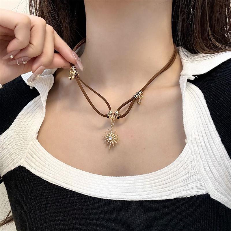 Sun Necklace Leather Pendant Faux Rhinestone