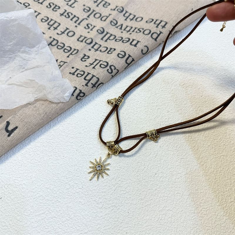 Sun Necklace Leather Pendant Faux Rhinestone