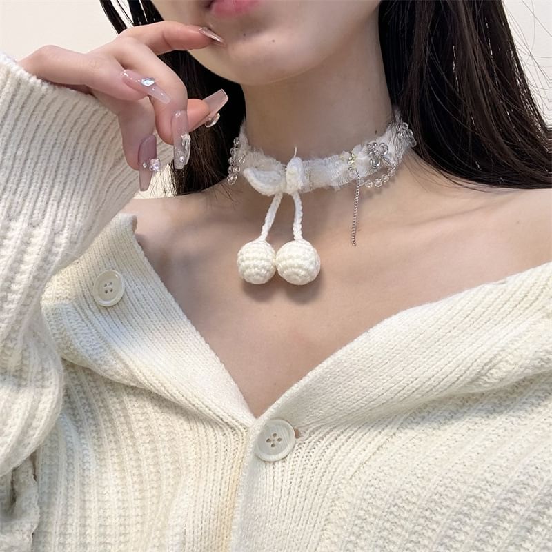 Cherry Bead Fabric Choker Fringed