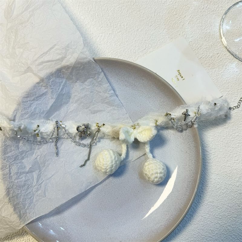 Cherry Bead Fabric Choker Fringed