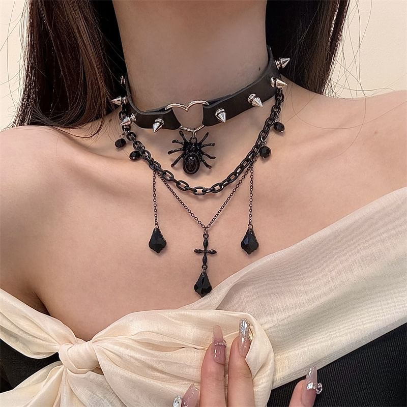 Faux Leather Choker Chained Layered