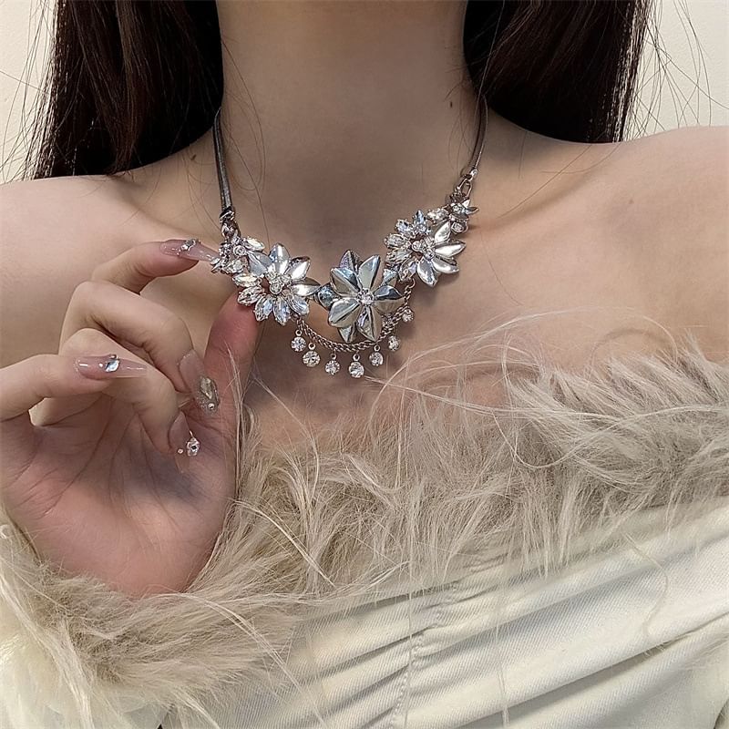 Floral Fringed Rhinestone Necklace