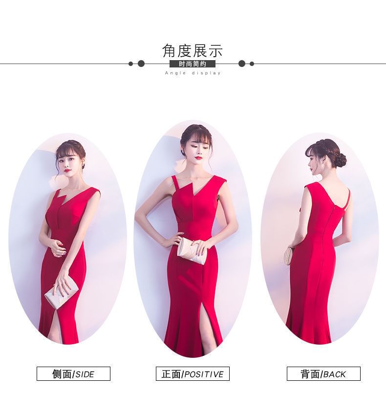 Plain Evening V-Neck Gown Slit Sleeveless Sheath