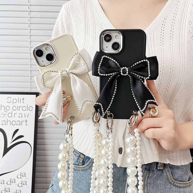 Lanyard Pearl Bow Case Faux Phone