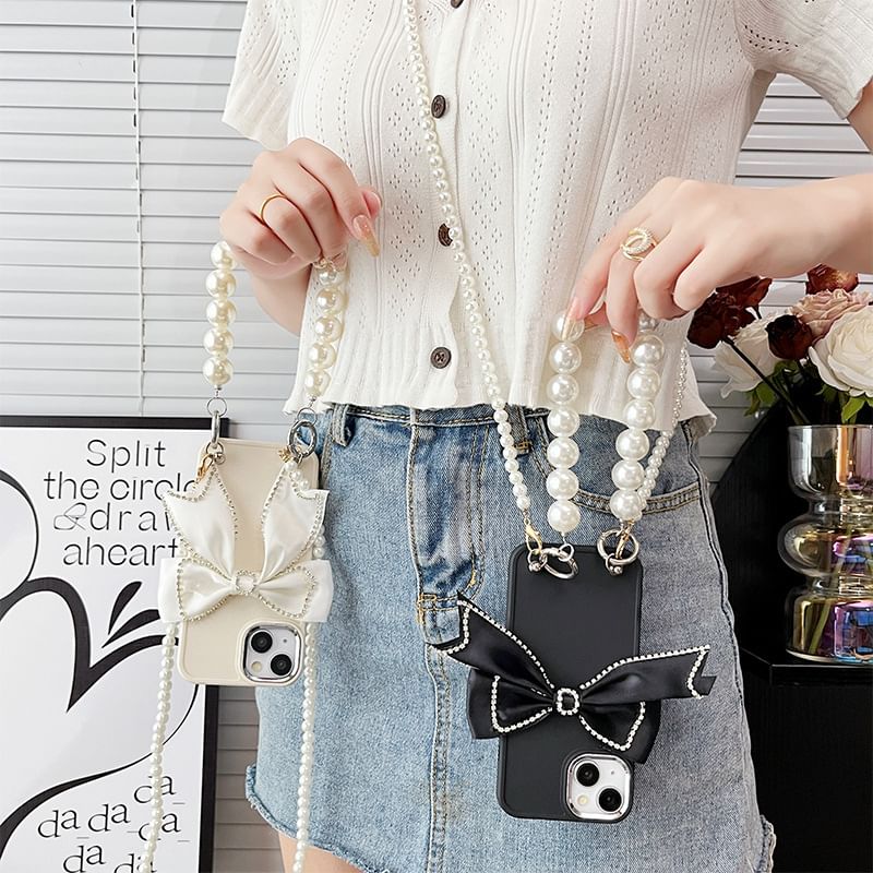 Lanyard Pearl Bow Case Faux Phone
