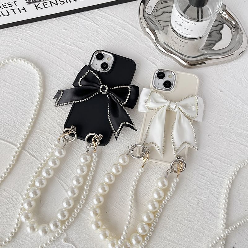 Lanyard Pearl Bow Case Faux Phone