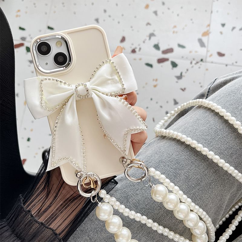 Lanyard Pearl Bow Case Faux Phone