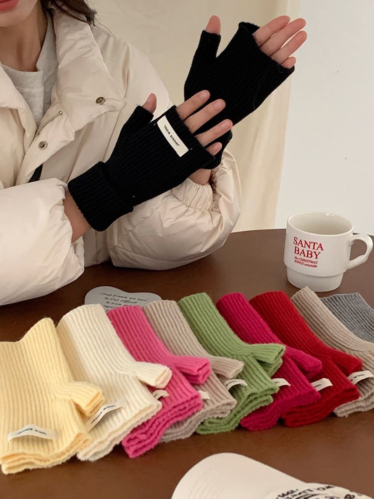 Fingerless Gloves Knit Ribbed Plain