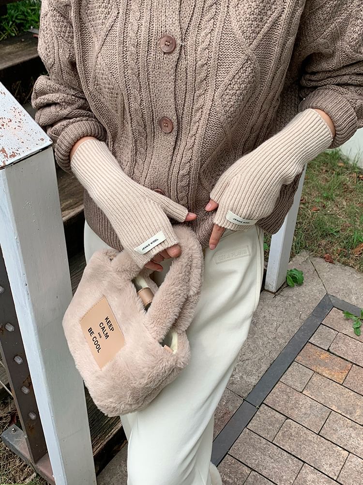 Fingerless Gloves Knit Ribbed Plain