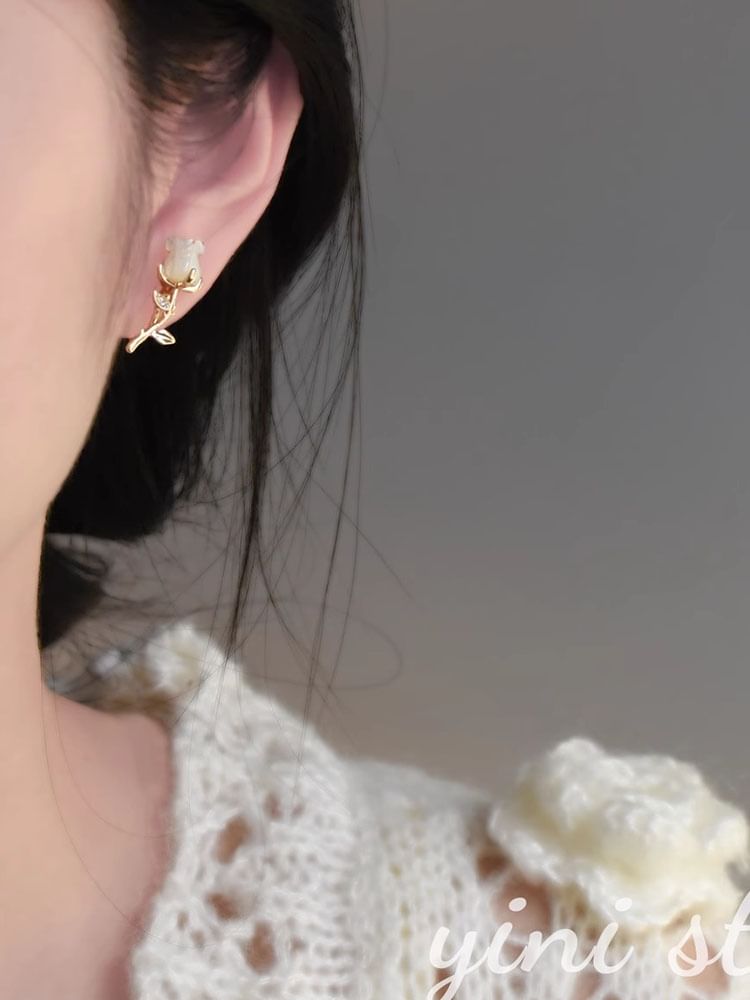 Earring Stud Rose Heart Alloy Asymmetrical Rhinestone