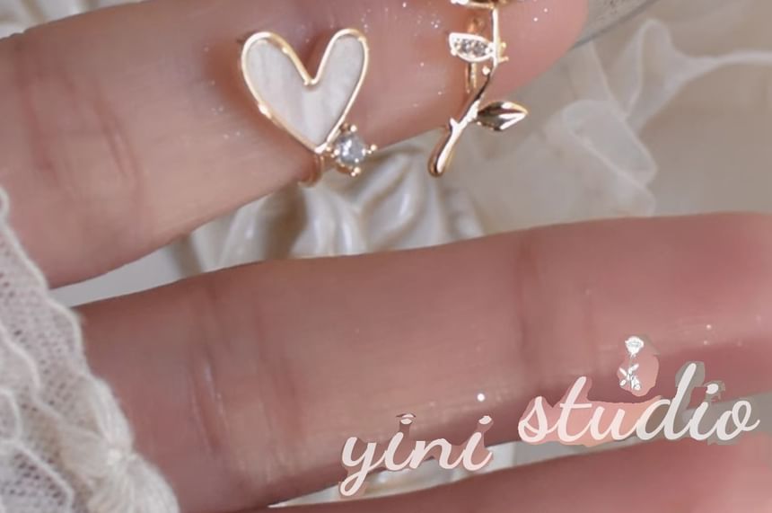 Earring Stud Rose Heart Alloy Asymmetrical Rhinestone