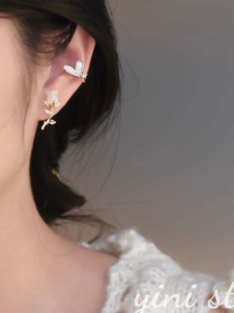 Earring Stud Rose Heart Alloy Asymmetrical Rhinestone