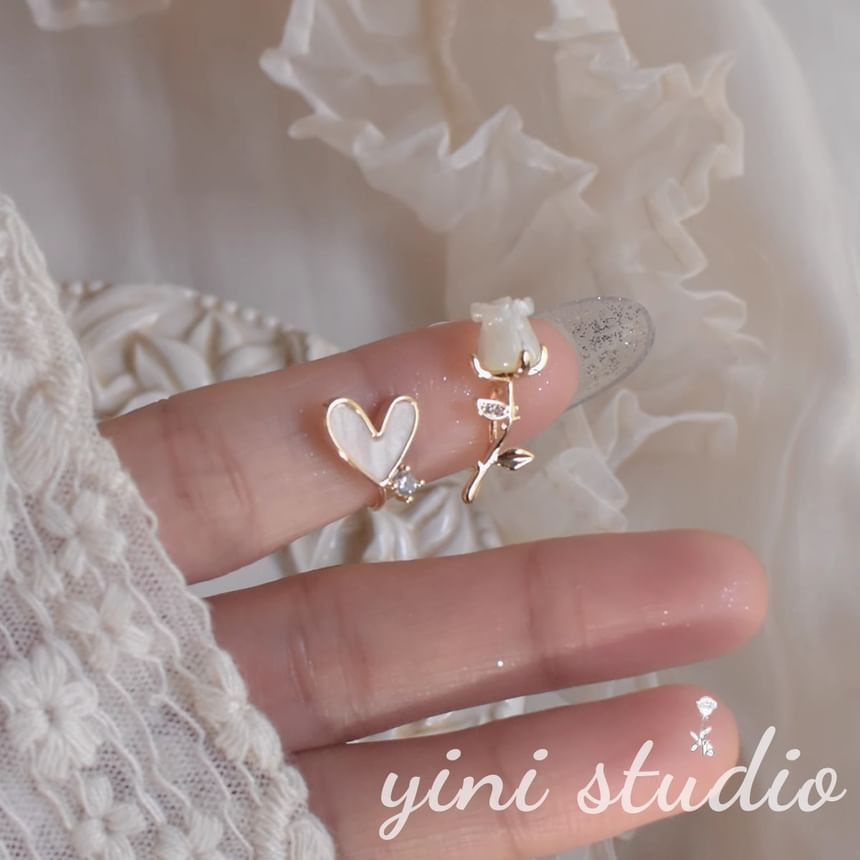 Earring Stud Rose Heart Alloy Asymmetrical Rhinestone