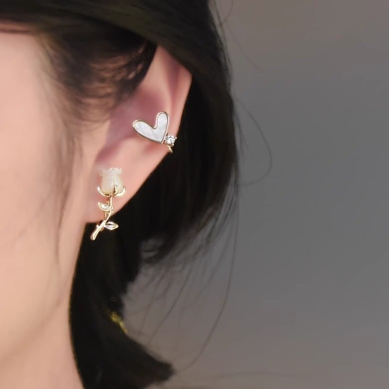 Earring Stud Rose Heart Alloy Asymmetrical Rhinestone