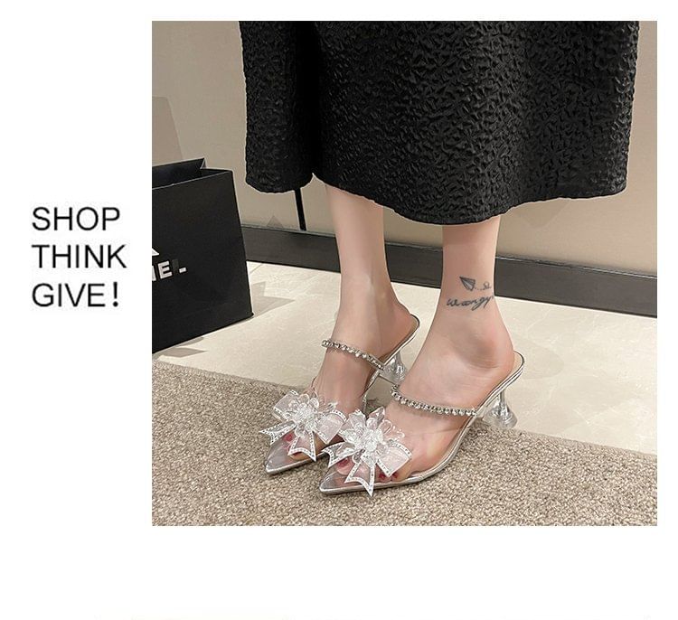 Mules Heel Kitten Pointed Bow Rhinestone