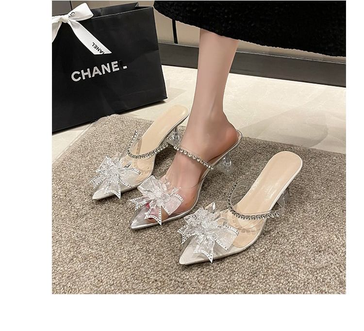 Mules Heel Kitten Pointed Bow Rhinestone