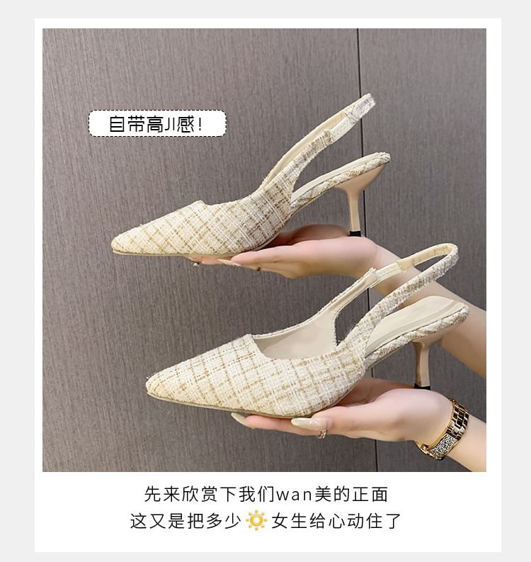 Pointed Kitten Heel Slingback Sandals Plaid