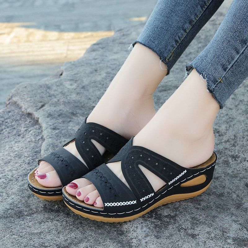 Platform Slide Sandals Wedge Embroidered Flower