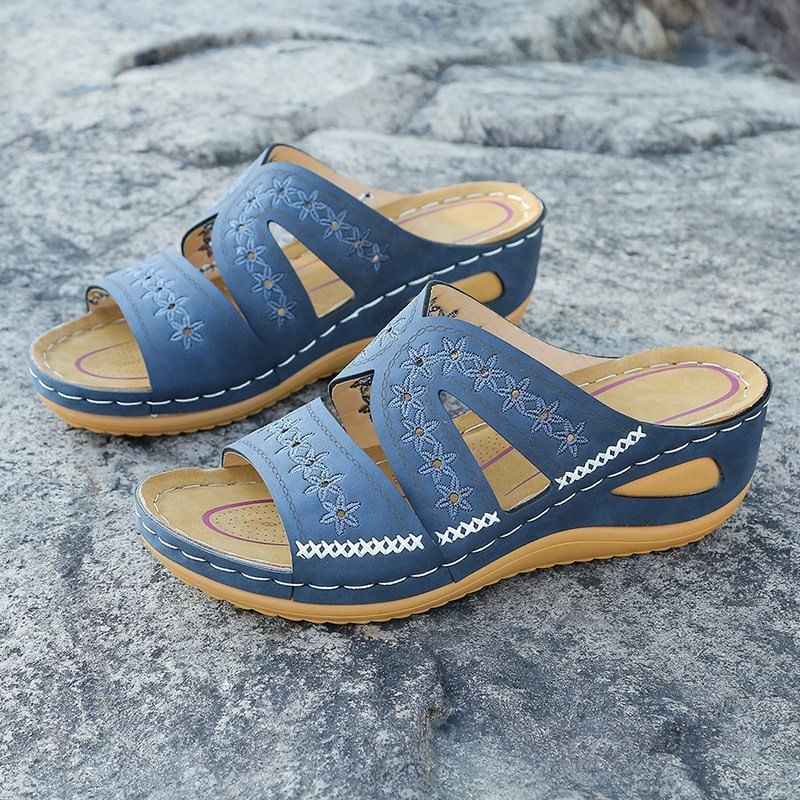 Platform Slide Sandals Wedge Embroidered Flower