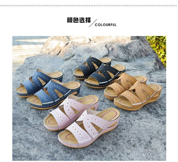 Platform Slide Sandals Wedge Embroidered Flower