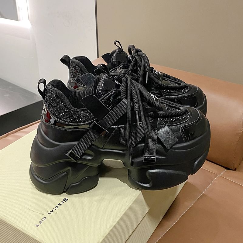 Sequined Platform Sneakers Heel Chunky