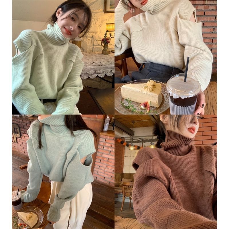 Turtleneck Loose-Fit Sweater Cold-Shoulder Plain