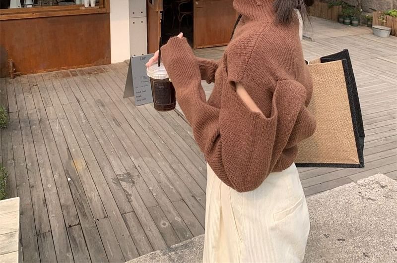 Turtleneck Loose-Fit Sweater Cold-Shoulder Plain