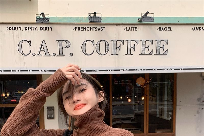 Turtleneck Loose-Fit Sweater Cold-Shoulder Plain