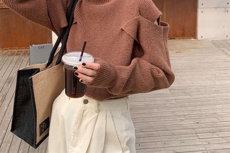 Turtleneck Loose-Fit Sweater Cold-Shoulder Plain