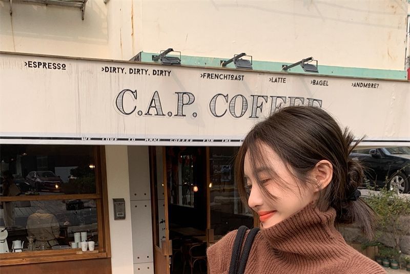 Turtleneck Loose-Fit Sweater Cold-Shoulder Plain