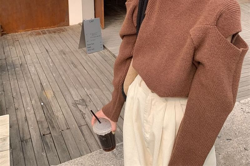 Turtleneck Loose-Fit Sweater Cold-Shoulder Plain