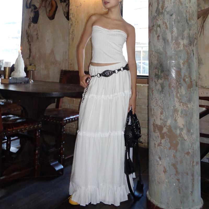 A-Line Elastic Maxi Top Skirt / Plain Waist Tube Tiered Ruffle