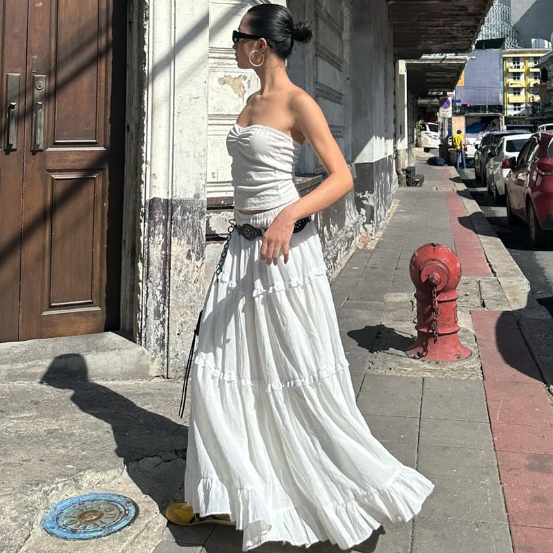 A-Line Elastic Maxi Top Skirt / Plain Waist Tube Tiered Ruffle