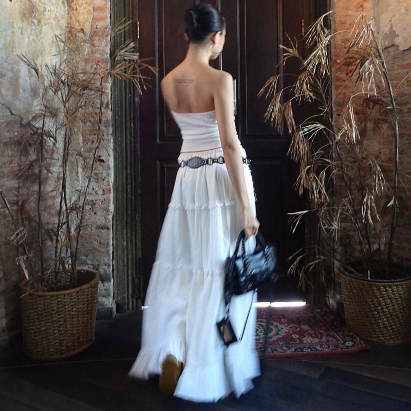 A-Line Elastic Maxi Top Skirt / Plain Waist Tube Tiered Ruffle