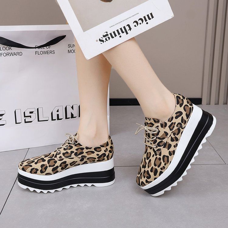 Platform Shoes Lace-Up Leopard Print