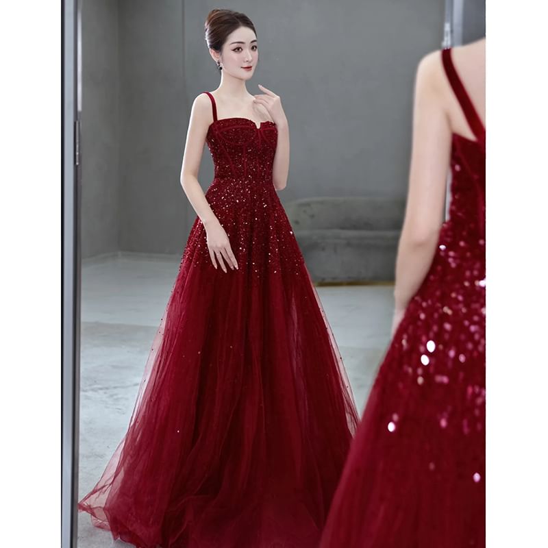 A-Line Spaghetti Sequin Evening Plain Gown Strap Mesh