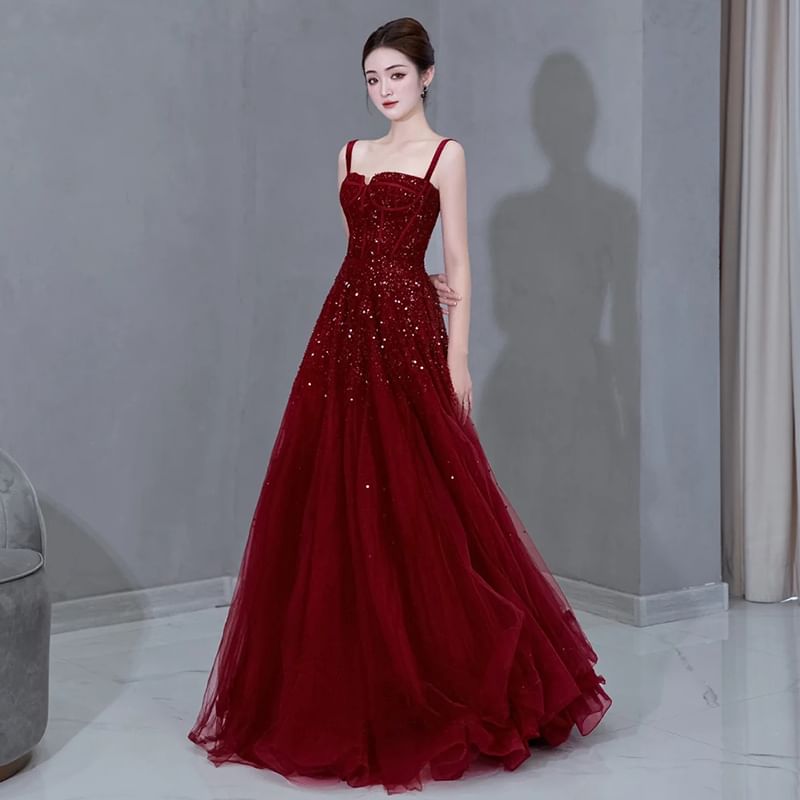 A-Line Spaghetti Sequin Evening Plain Gown Strap Mesh